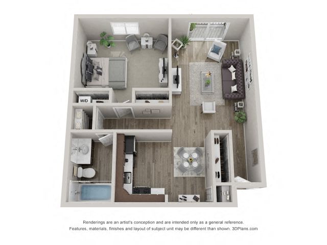 Floor plan for 1 bed, 1 bath, 730 sqft